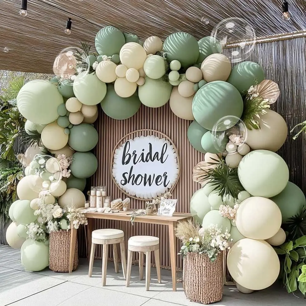 salvia grön baby shower ballongbåge